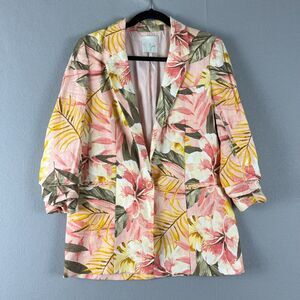 Joie Kishina Linen Blazer Womens 4 Pink Floral Tropical Hawaiian Career Office